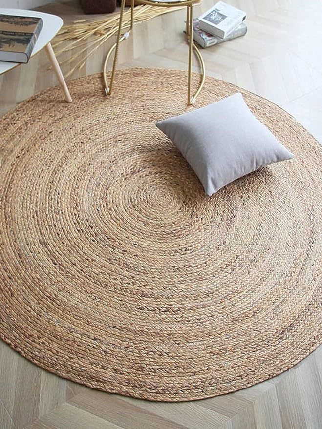 Handwoven Jute Round Area Rug Carpet, Natural Fibers Reversible,