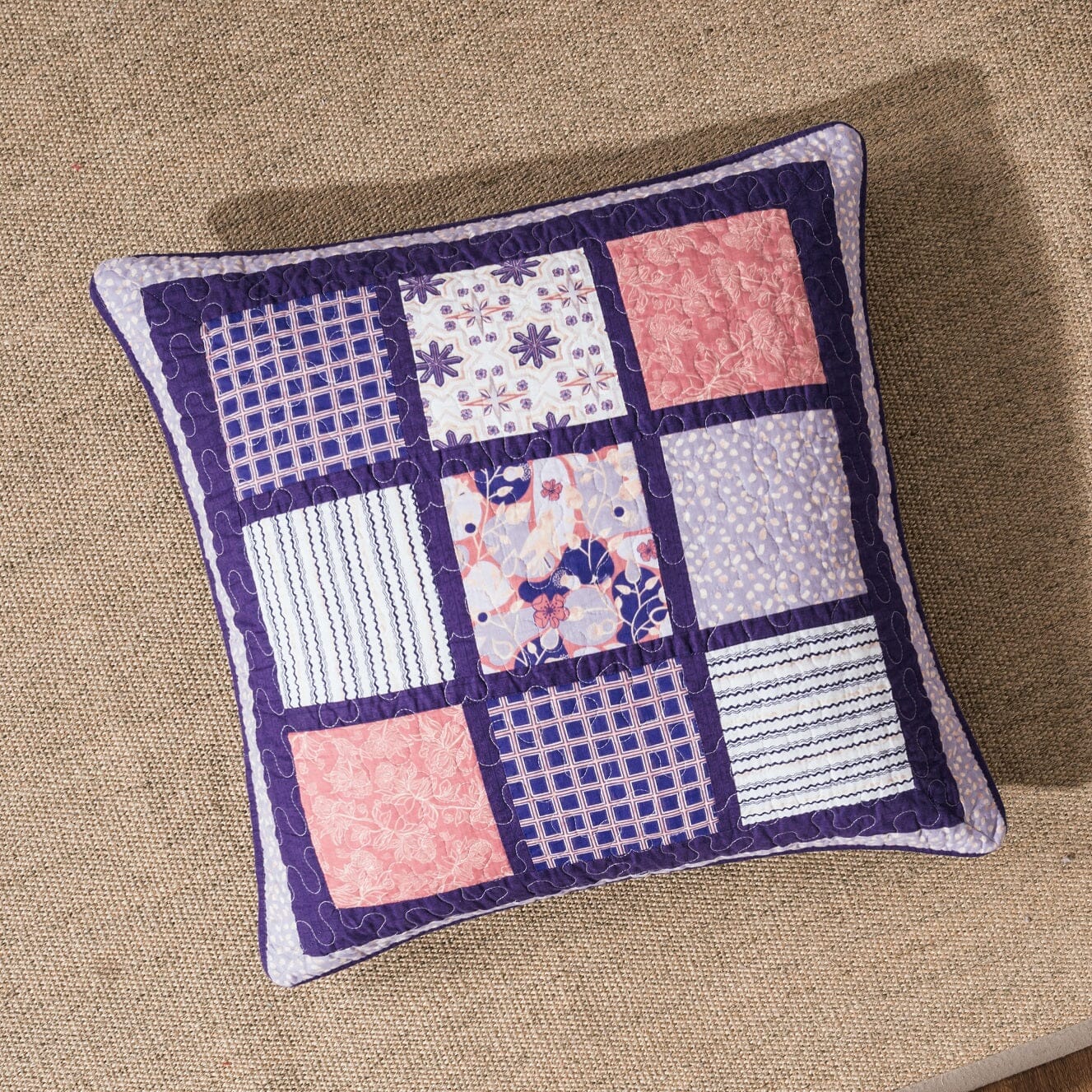 DaDa Bedding Peachy Blossoms Purple Floral Patchwork Euro Pillow Sham