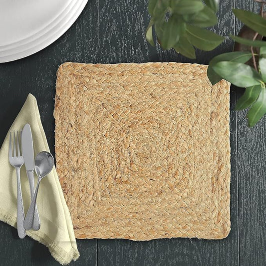 Jute Braided Placemats|Reversible|Set of 6|12x12|Non-Slip|Square