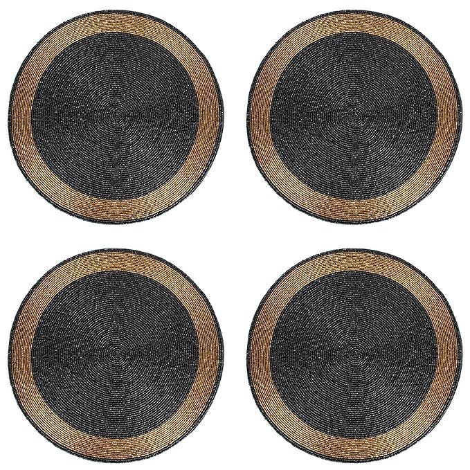 WALLS Beaded Placemats Set of 4-14" Black & Gold Glass Bead Side Table