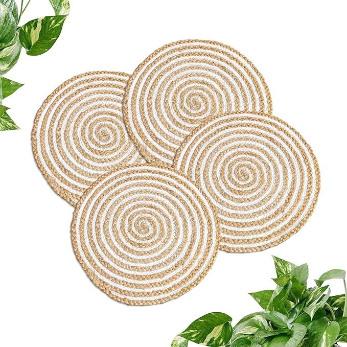 Set of 4 Round Jute and Cotton Placemats, 35 cm., Best for Bed-Side