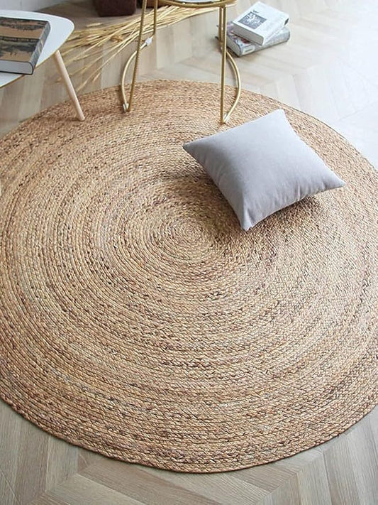 Handwoven Jute Round Area Rug Carpet, Natural Fibers Reversible,